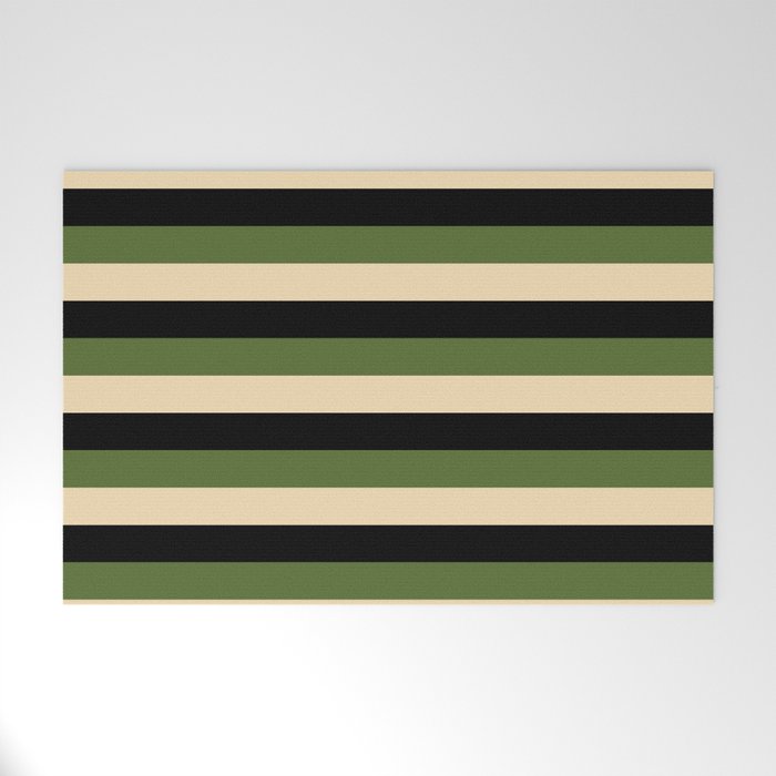 Dark Olive Green, Tan & Black Colored Striped/Lined Pattern Welcome Mat