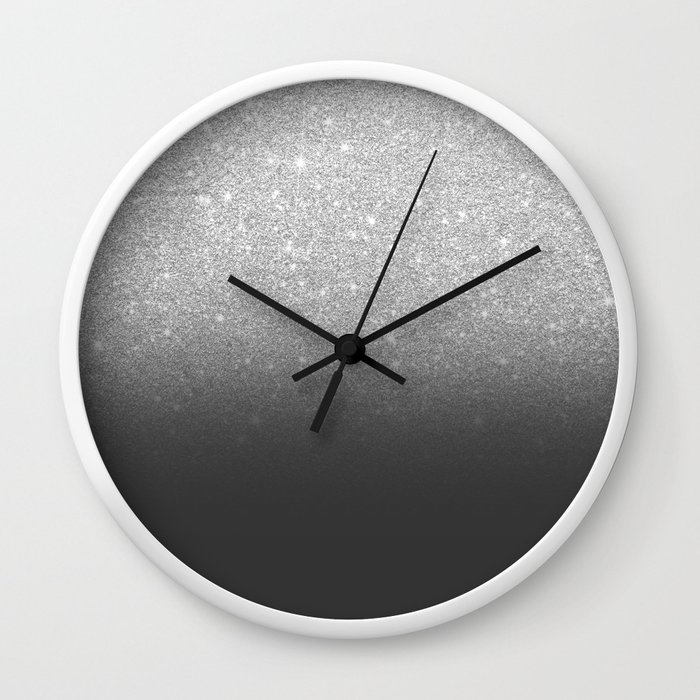 Modern Faux Silver Glitter Ombre Grey Black Color Block Wall Clock