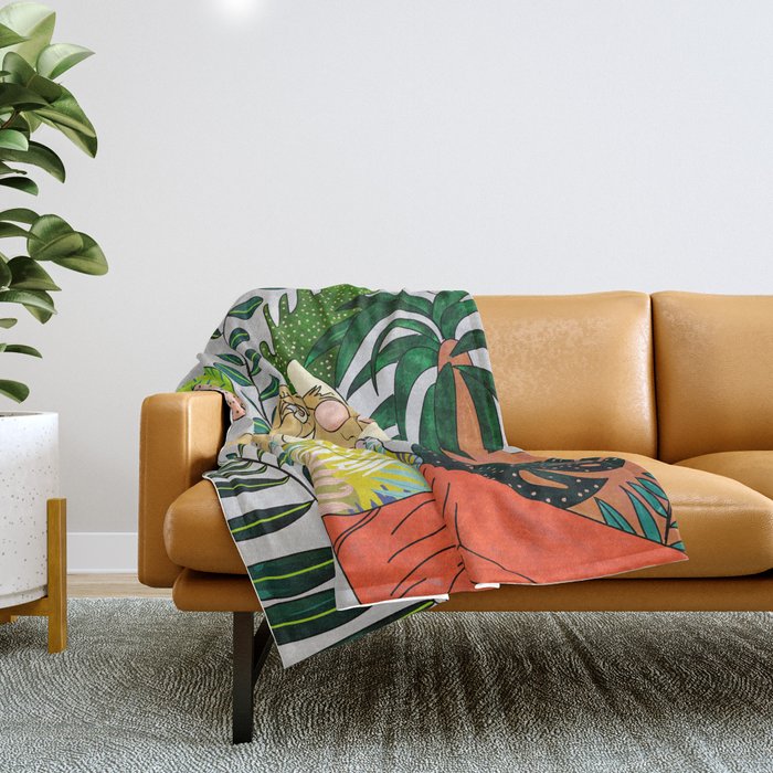 Spring Break, Tropical Bohemian Travel Line Art, Woman Fashion Palm Forest Jungle Watercolor Nature Throw Blanket