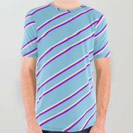 [ Thumbnail: Sky Blue, Beige, and Dark Violet Colored Pattern of Stripes All Over Graphic Tee ]