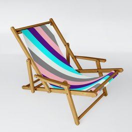 [ Thumbnail: Colorful Indigo, Cyan, Mint Cream, Grey, and Light Pink Colored Lined/Striped Pattern Sling Chair ]