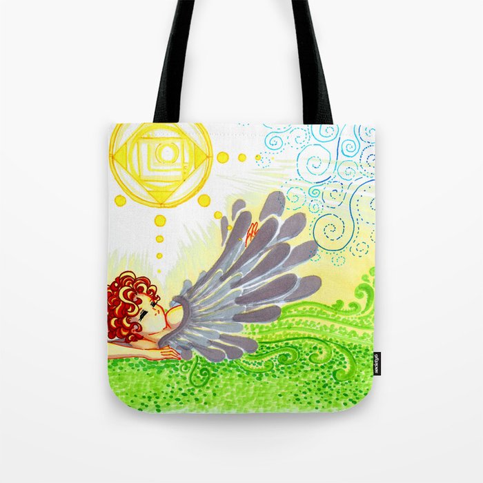 Green Apsara - impressionist mixed media drawing, blue and green, angel wings, tribal, bright Tote Bag