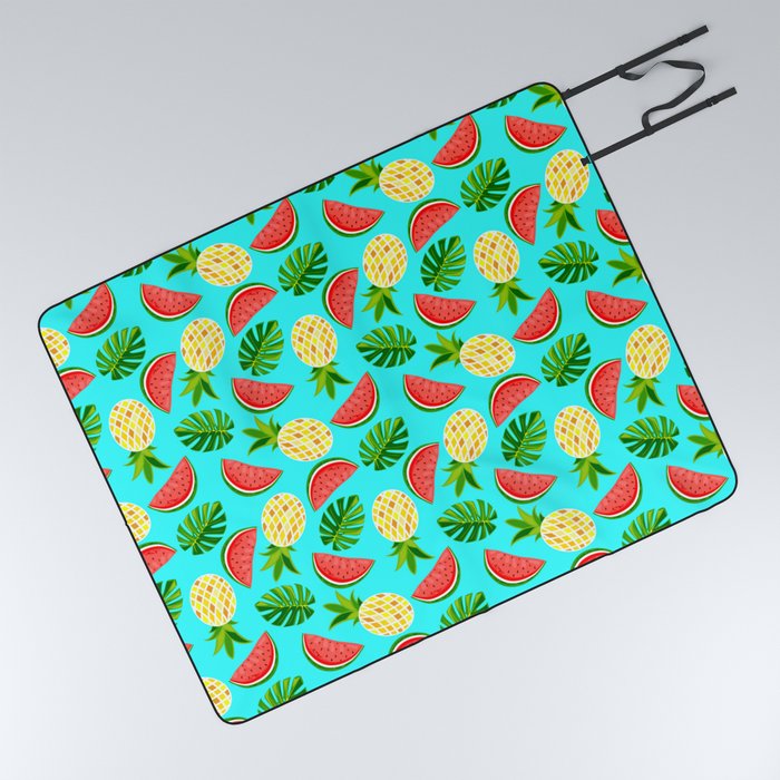 Bright slices of watermelon and pineapple with monstera leaves Picnic Blanket