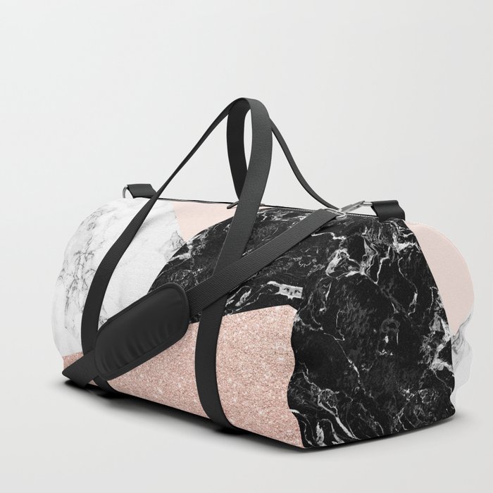 Black white marble blush pink rose gold glitter color block Duffle Bag by girlytrend | Society6