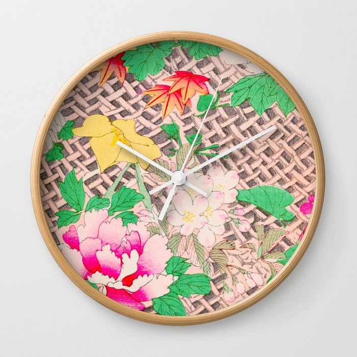 Peony Floral Print Vintage Japanese Retro Pattern Wall Clock