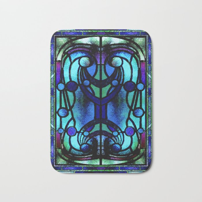 Blue and Aqua Stained Glass Victorian Design Bath Mat