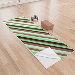 [ Thumbnail: Light Green, Black, Sienna, and Light Cyan Colored Lined Pattern Yoga Towel ]