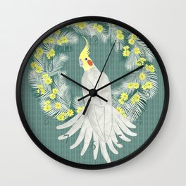 Cockatiel with daisy palm wreath Wall Clock