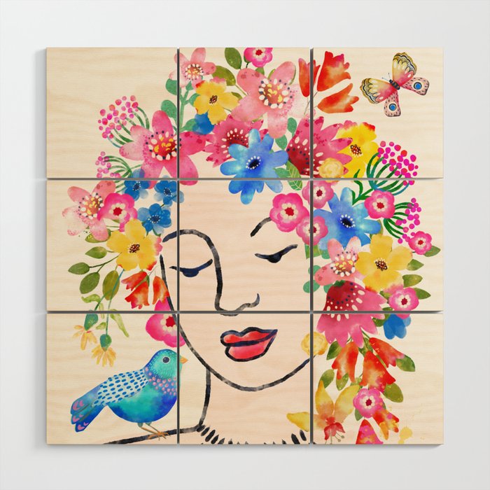 Colorful Watercolor Flower Hair Woman Talks to Birds Butterfly Wood Wall Art