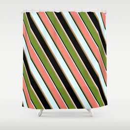 [ Thumbnail: Light Cyan, Salmon, Green, and Black Colored Pattern of Stripes Shower Curtain ]