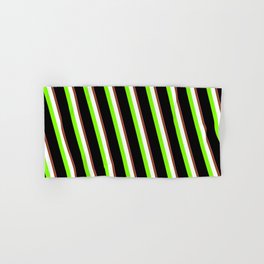 [ Thumbnail: Eyecatching Hot Pink, Brown, White, Chartreuse & Black Colored Pattern of Stripes Hand & Bath Towel ]