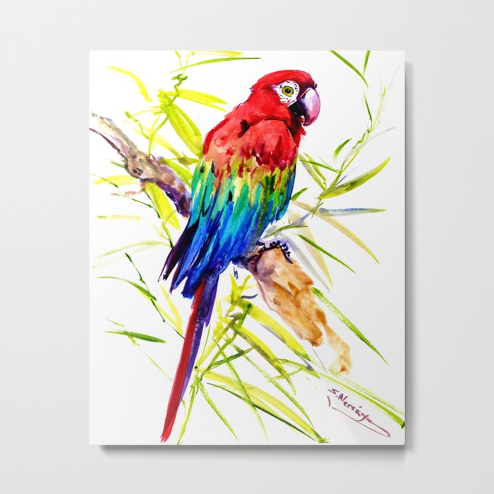 Parrot Scarlet Macaw, Tropical Birds, Jungle Red, Green Blue bright colored tropical artwork Metal Print