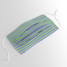 [ Thumbnail: Green and Medium Slate Blue Colored Stripes/Lines Pattern Face Mask ]