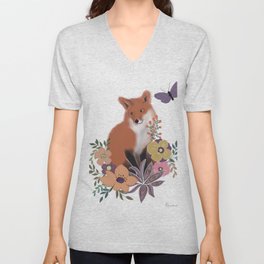 Cute red fox and butterfly in garden V Neck T Shirt