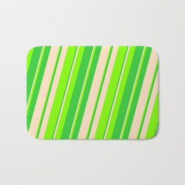 [ Thumbnail: Bisque, Chartreuse, and Lime Green Colored Striped Pattern Bath Mat ]