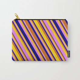 [ Thumbnail: Chocolate, Yellow, Violet, and Blue Colored Lined/Striped Pattern Carry-All Pouch ]