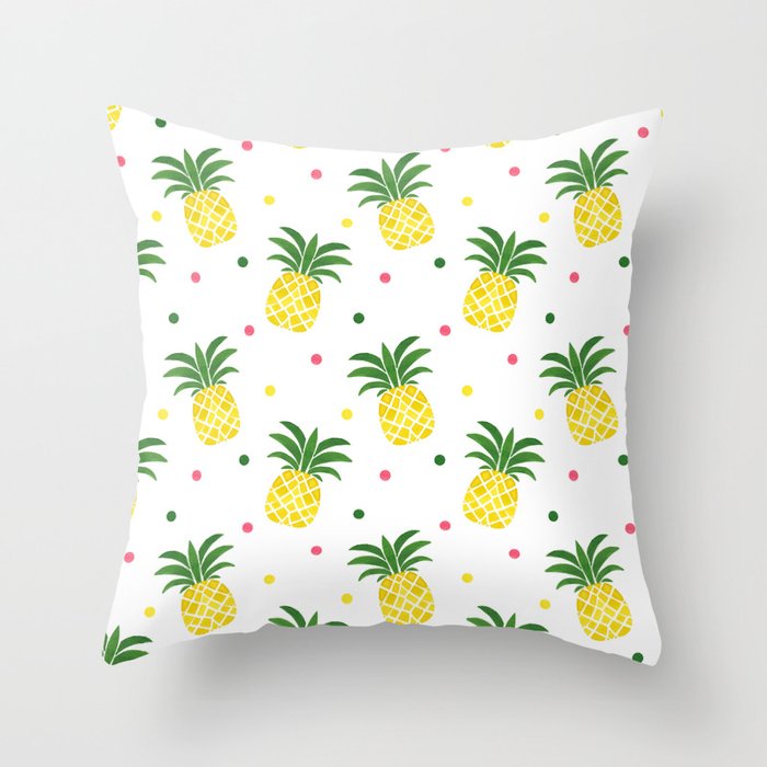 Tropical fruit sunshine yellow green pineapple polka dots Throw Pillow