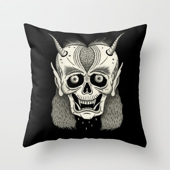 Grinning Skull with Horns Throw Pillow
