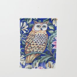 Art Nouveau Owl Tapestry, Beige and Cobalt Blue Wall Hanging