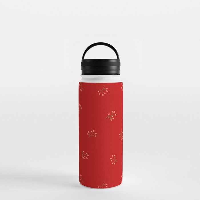 Branches With Red Berries Seamless Pattern on Red Background Water Bottle