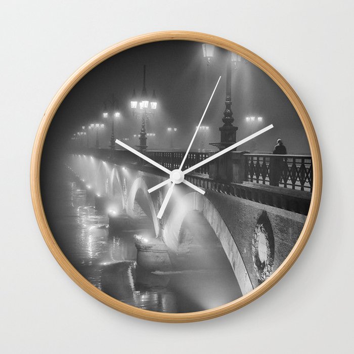 Paris, Bridge over the River Seine nighttime black and white photograph Wall Clock