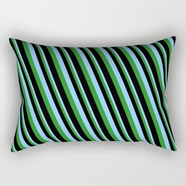 [ Thumbnail: Light Sky Blue, Forest Green & Black Colored Pattern of Stripes Rectangular Pillow ]