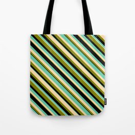 [ Thumbnail: Aquamarine, Tan, Green, and Black Colored Striped Pattern Tote Bag ]