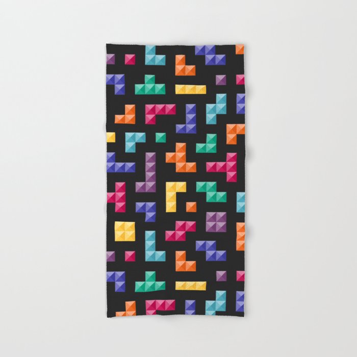 Tetris bricks jewel tones on black pattern Hand Bath Towel by