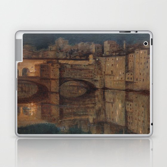 Florence, Italy nightscape city lights reflected River Arno at The Ponte-Vecchio bridge Tuscany landscape painting by William Holman Hunt Laptop & iPad Skin