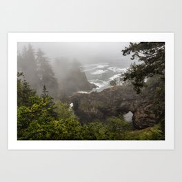 Fog Over Natural Bridges Art Print | Landscape, Beach, Hills, Sea, Oregoncoast, Wildflowers, Photo, Fog, Oregon, Shore 