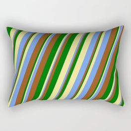 [ Thumbnail: Tan, Cornflower Blue, Brown, and Dark Green Colored Lines/Stripes Pattern Rectangular Pillow ]