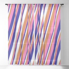 [ Thumbnail: Hot Pink, Dark Blue, White, and Chocolate Colored Lines Pattern Sheer Curtain ]