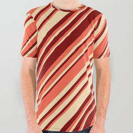 [ Thumbnail: Red, Beige, and Maroon Colored Striped/Lined Pattern All Over Graphic Tee ]