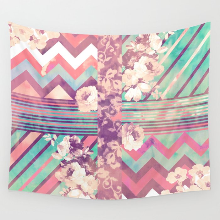 Retro Pink Turquoise Floral Stripe Chevron Pattern Wall Tapestry