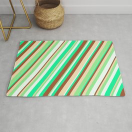 [ Thumbnail: Eye-catching Green, Sienna, Tan, Light Green, and Mint Cream Colored Striped/Lined Pattern Rug ]