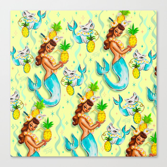 Tropical Pineapple Mermaid with Merkitties Canvas Print