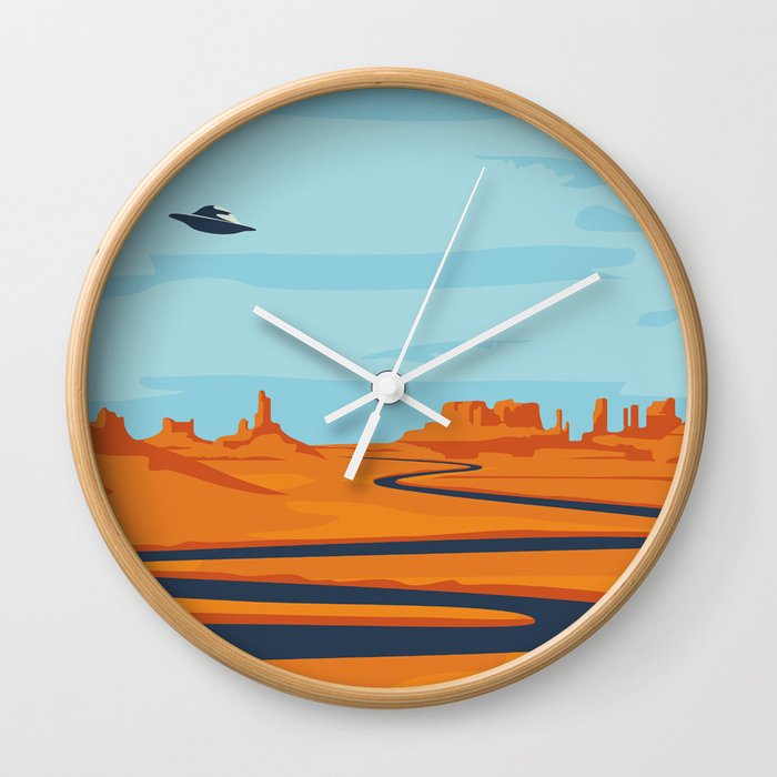  landscape with deserted valley, mountains, dark winding river and flying saucer in the sky. Decorative illustration on the theme of of alien invasion. Western scenery and UFO Wall Clock