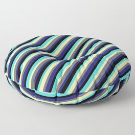 [ Thumbnail: Eyecatching Turquoise, Pale Goldenrod, Dim Gray, Midnight Blue, and Black Colored Striped Pattern Floor Pillow ]