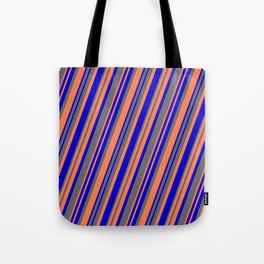 [ Thumbnail: Blue, Dim Gray, and Coral Colored Lines Pattern Tote Bag ]