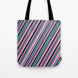 [ Thumbnail: Light Slate Gray, Dark Cyan, Hot Pink, Light Pink, and Black Colored Striped/Lined Pattern Tote Bag ]