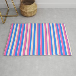 [ Thumbnail: Blue, Beige & Hot Pink Colored Pattern of Stripes Rug ]