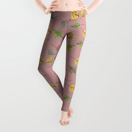 Colorado Aspen Tree Leaves Hand-painted Watercolors in Golden Autumn Shades on Copper Rose Leggings