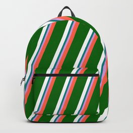 [ Thumbnail: Vibrant Red, Dark Green, White, Teal & Plum Colored Striped Pattern Backpack ]