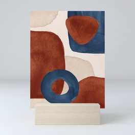 Abstract Shapes Terracotta Navy Blue Beige Brushstrokes Watercolor Painting no.3 Mini Art Print