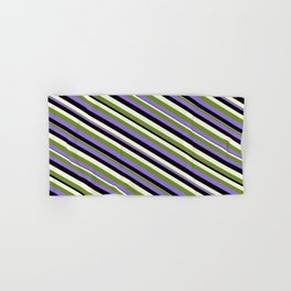 [ Thumbnail: Green, Purple, Black & Beige Colored Lined Pattern Hand & Bath Towel ]