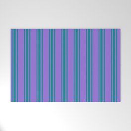 [ Thumbnail: Purple & Dark Cyan Colored Stripes Pattern Welcome Mat ]