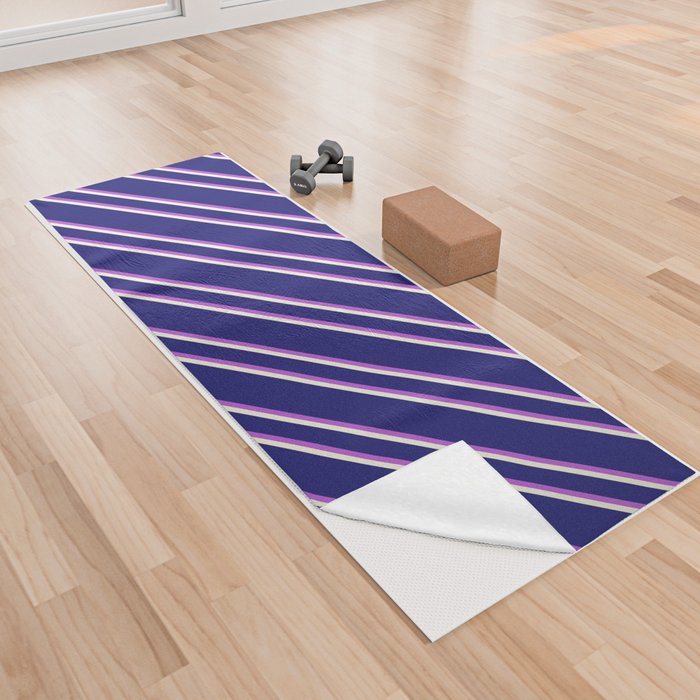 Midnight Blue, Orchid, and Beige Colored Lined Pattern Yoga Towel