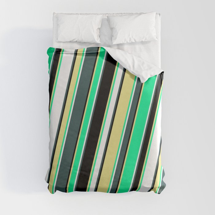 Dark Slate Gray, Black, Tan, Green, and White Colored Lines Pattern Duvet Cover