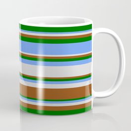 [ Thumbnail: Cornflower Blue, Light Grey, Brown & Dark Green Colored Pattern of Stripes Coffee Mug ]
