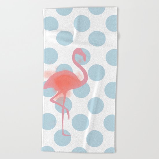 Flamingo on polka dots blue Beach Towel